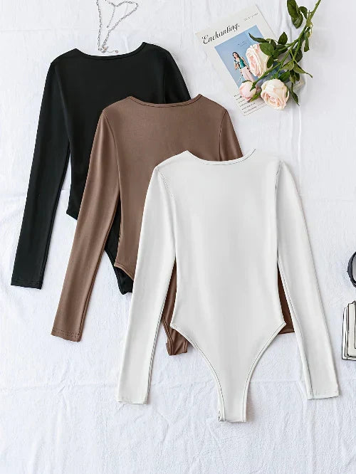 3-Pack Women's Casual Long-Sleeve Bodysuits