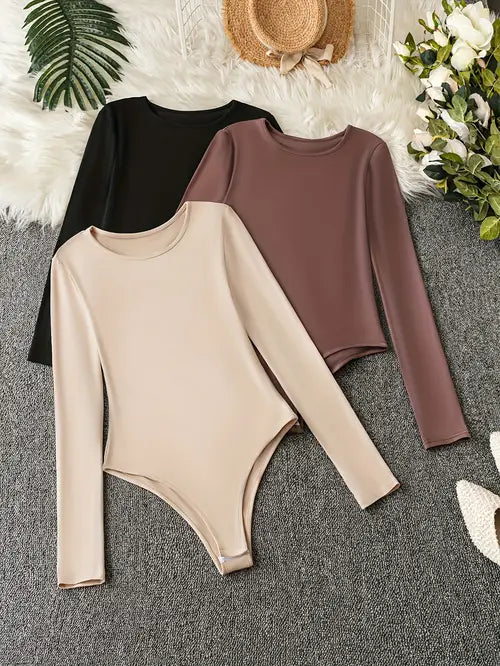 3-Pack Women's Casual Long-Sleeve Bodysuits