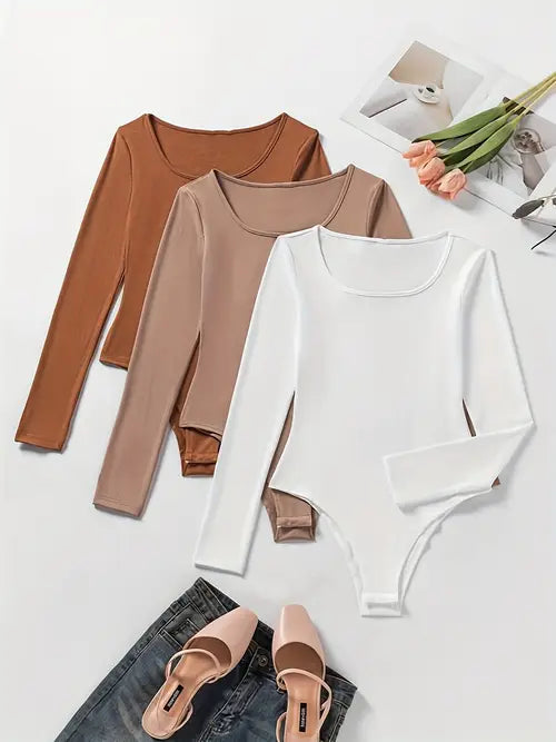 3-Pack Women's Casual Long-Sleeve Bodysuits