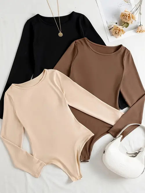 3-Pack Women's Casual Long-Sleeve Bodysuits