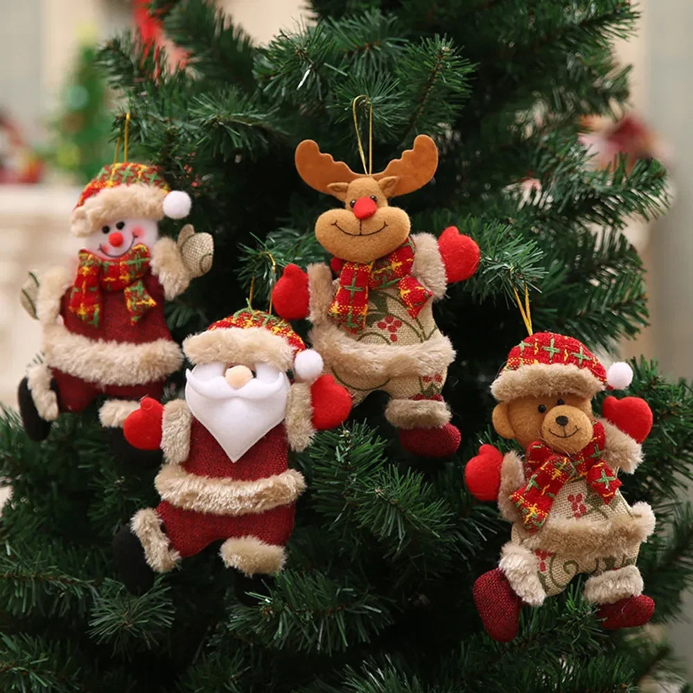 4-Piece Plush Christmas Hanging Ornament Set with Burlap Bodies, Faux Fur Trim and Flannel Scarves