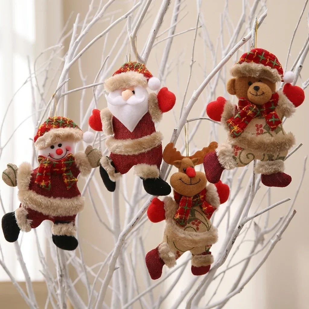 4-Piece Plush Christmas Hanging Ornament Set with Burlap Bodies, Faux Fur Trim and Flannel Scarves