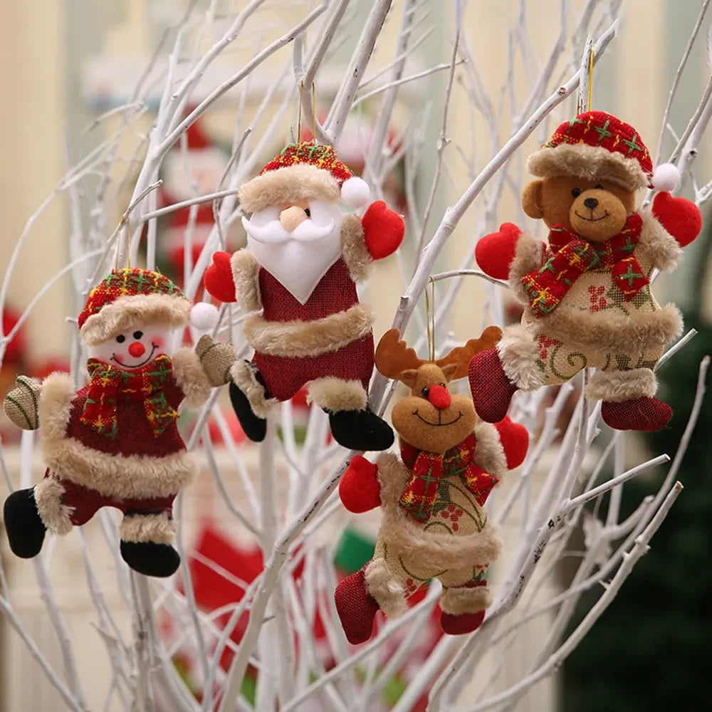 4-Piece Plush Christmas Hanging Ornament Set with Burlap Bodies, Faux Fur Trim and Flannel Scarves