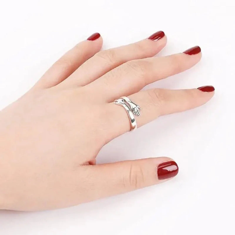Adjustable Open Ring with Interlocking Hands