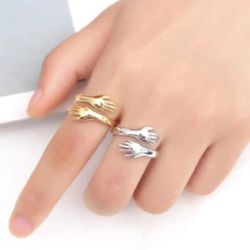 Adjustable Open Ring with Interlocking Hands