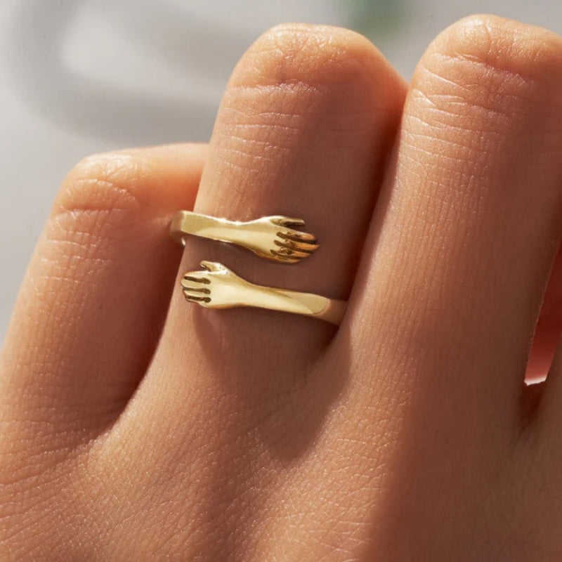 Adjustable Open Ring with Interlocking Hands
