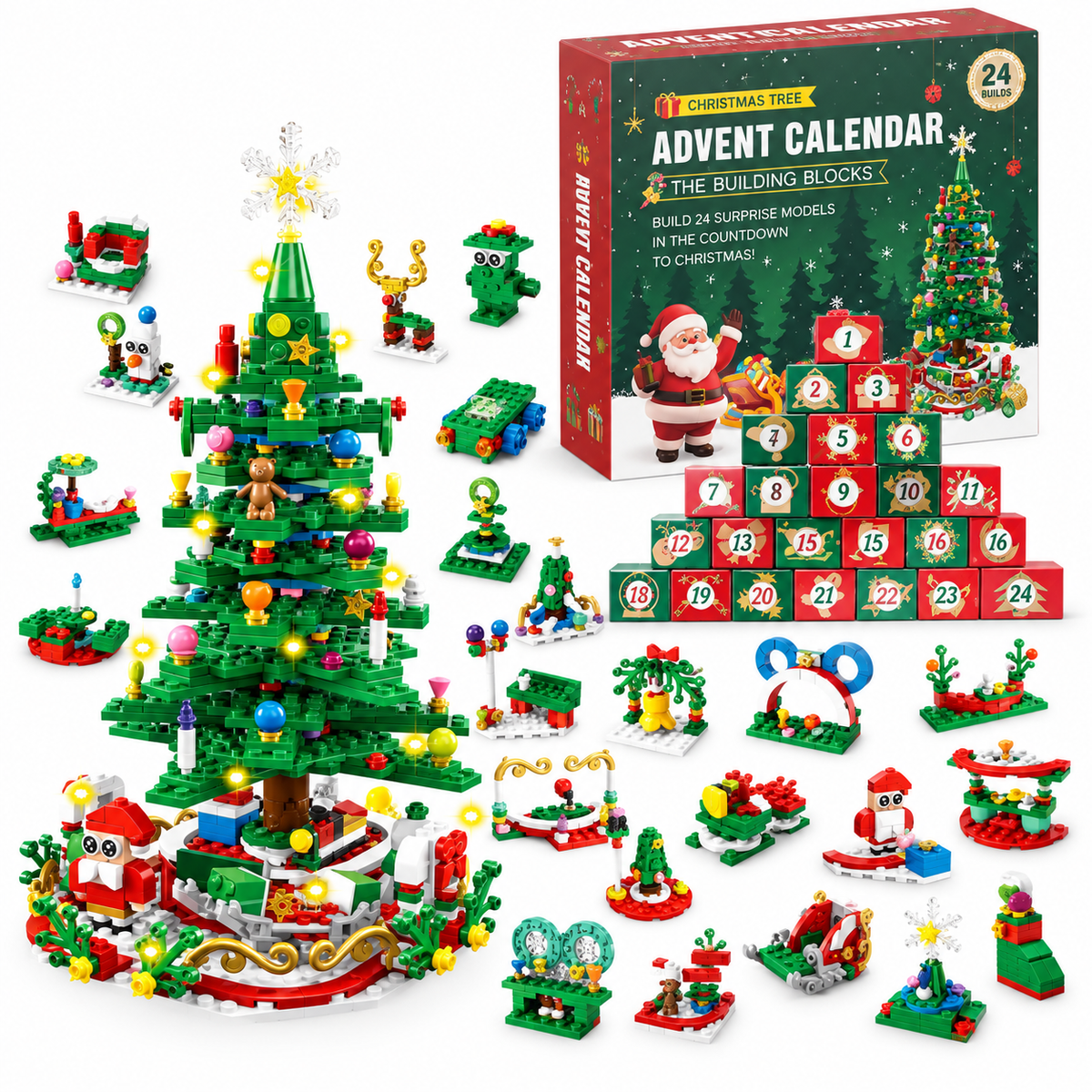 Advent Calendar with 24 Building Block Surprises and LED Christmas Tree Set
