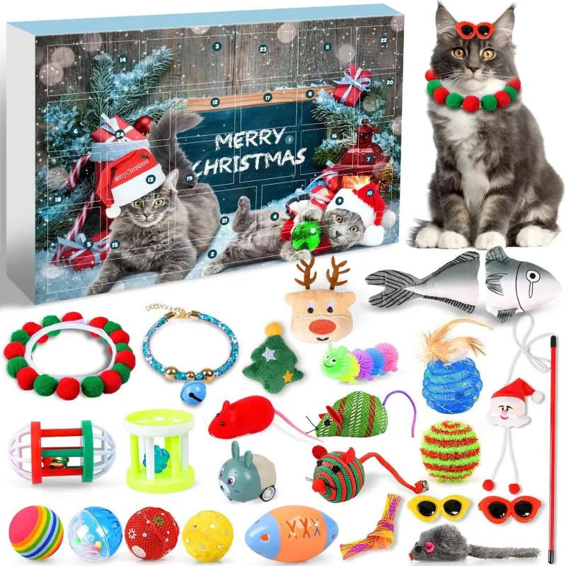 Advent Calendar with 24 Cat Toy Surprises - Christmas Countdown Seasonal Activity for Cats