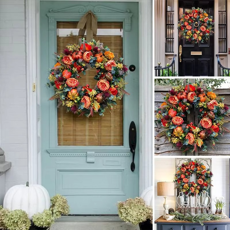 Autumn Wreath 40 cm Peony Flowers and Pumpkins Door Decoration