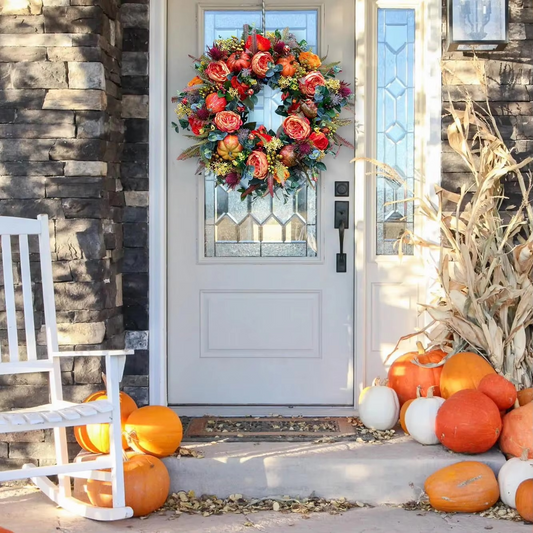 Autumn Wreath 40 cm Peony Flowers and Pumpkins Door Decoration