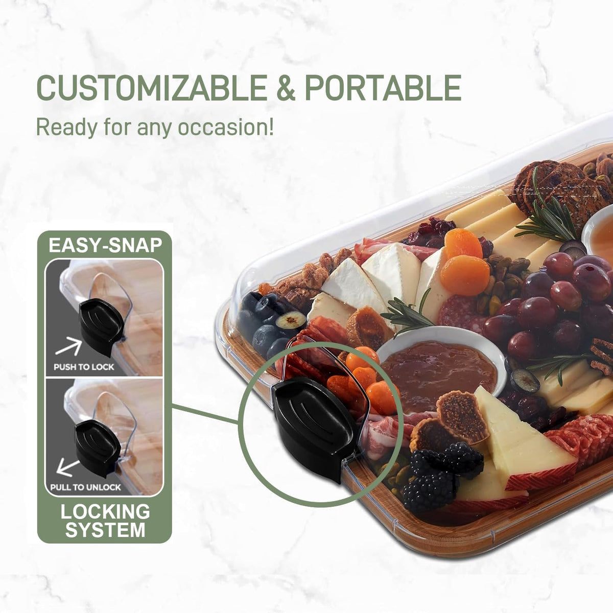 Plateau de charcuterie en bambou avec couvercle transparent verrouillable