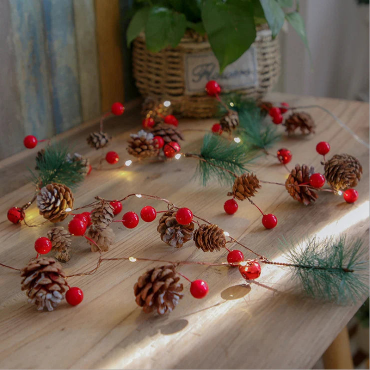 Battery Operated Warm White LED Christmas Garland String Lights with Pine Cones