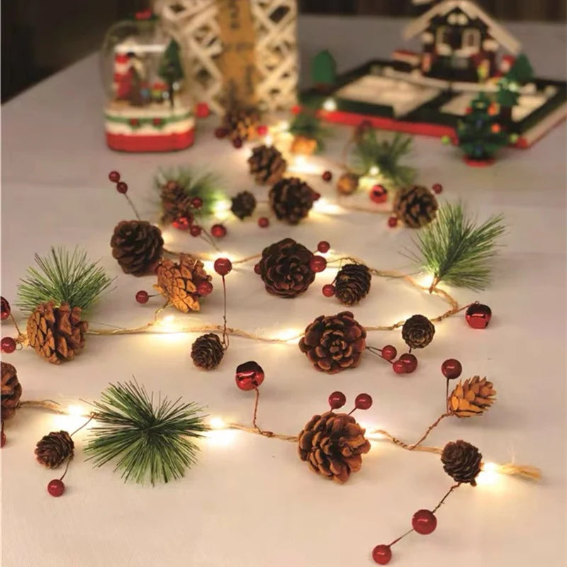 Battery Operated Warm White LED Christmas Garland String Lights with Pine Cones