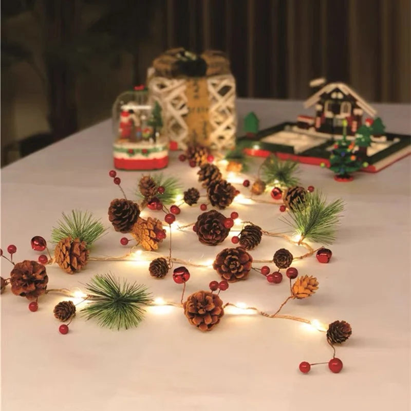 Battery Operated Warm White LED Christmas Garland String Lights with Pine Cones