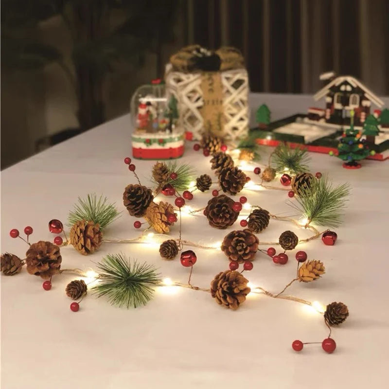 Battery Operated Warm White LED Christmas Garland String Lights with Pine Cones