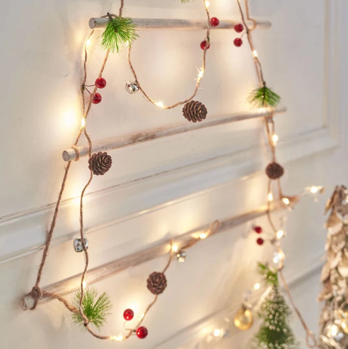 Battery Operated Warm White LED Christmas Garland String Lights with Pine Cones
