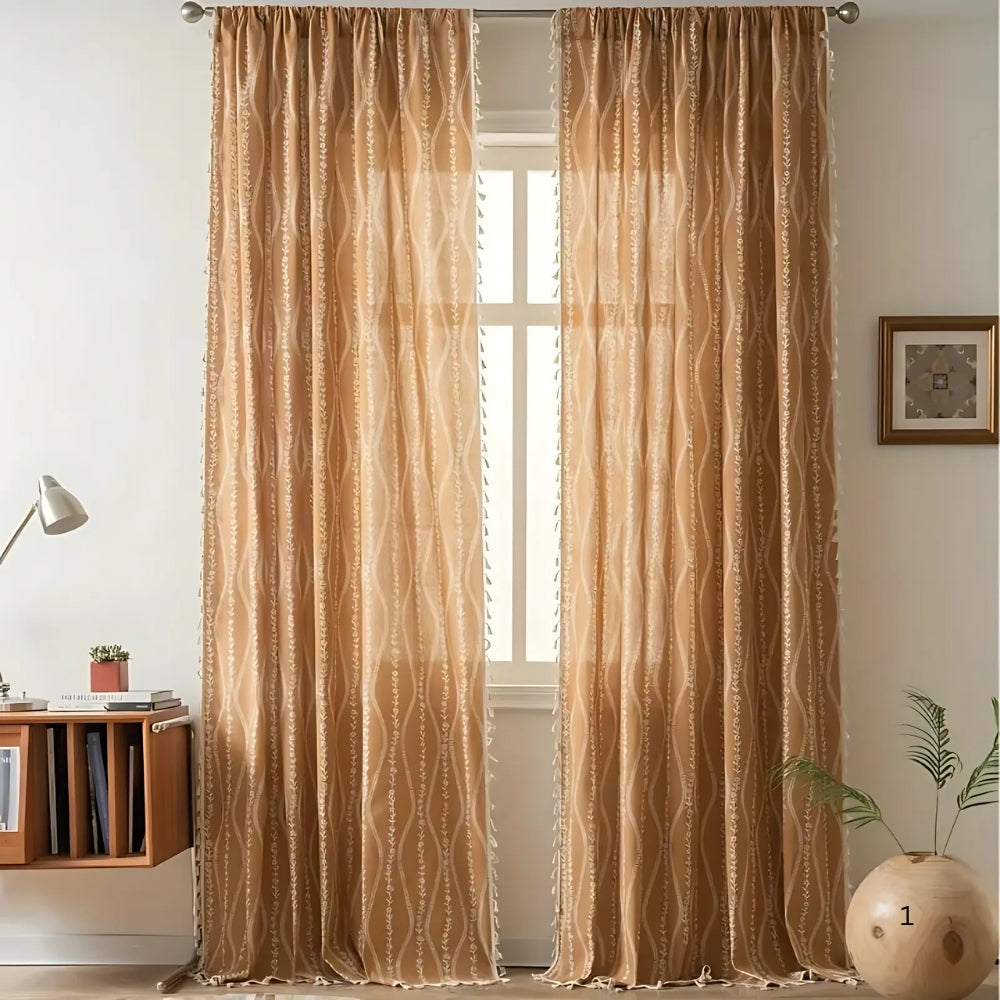 Beige Wheat-Pattern Tassel Curtain