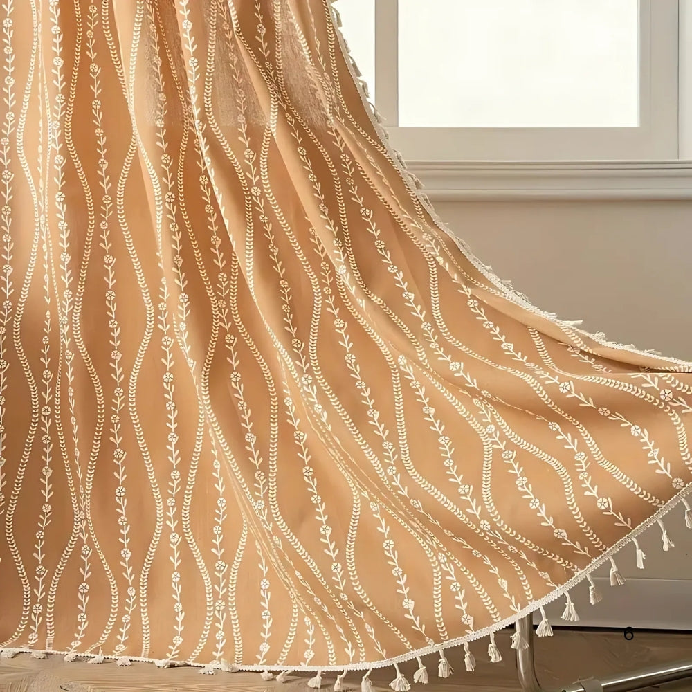 Beige Wheat-Pattern Tassel Curtain