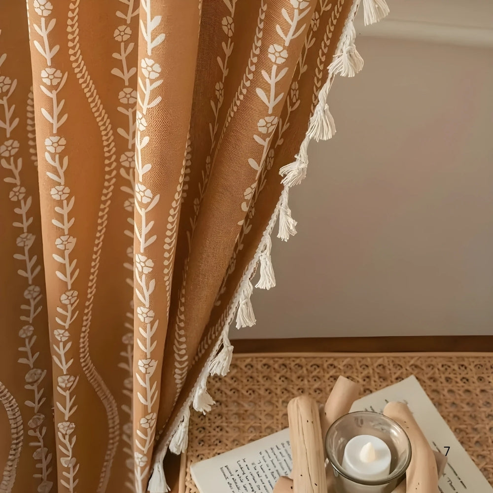 Beige Wheat-Pattern Tassel Curtain