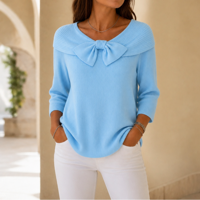 Bow-Neck Ribbed Knit Sweater