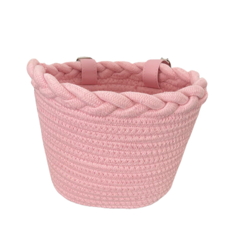 Panier de vélo en corde tressée avec ornements à pompons et sangles de guidon en cuir