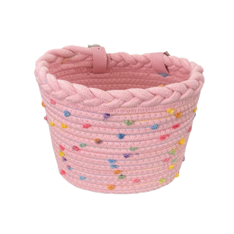 Panier de vélo en corde tressée avec ornements à pompons et sangles de guidon en cuir