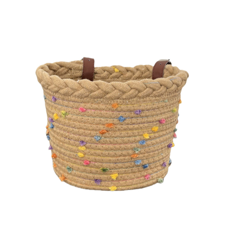 Panier de vélo en corde tressée avec ornements à pompons et sangles de guidon en cuir