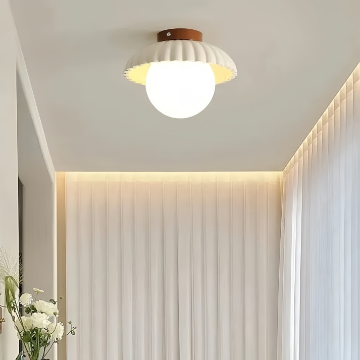 Ceiling lamp with a frosted shade providing warm lighting in the hallway