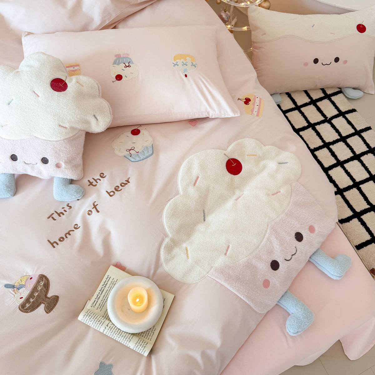 Children's Bedding Set with Embroidered Cupcake and Cloud Appliqués
