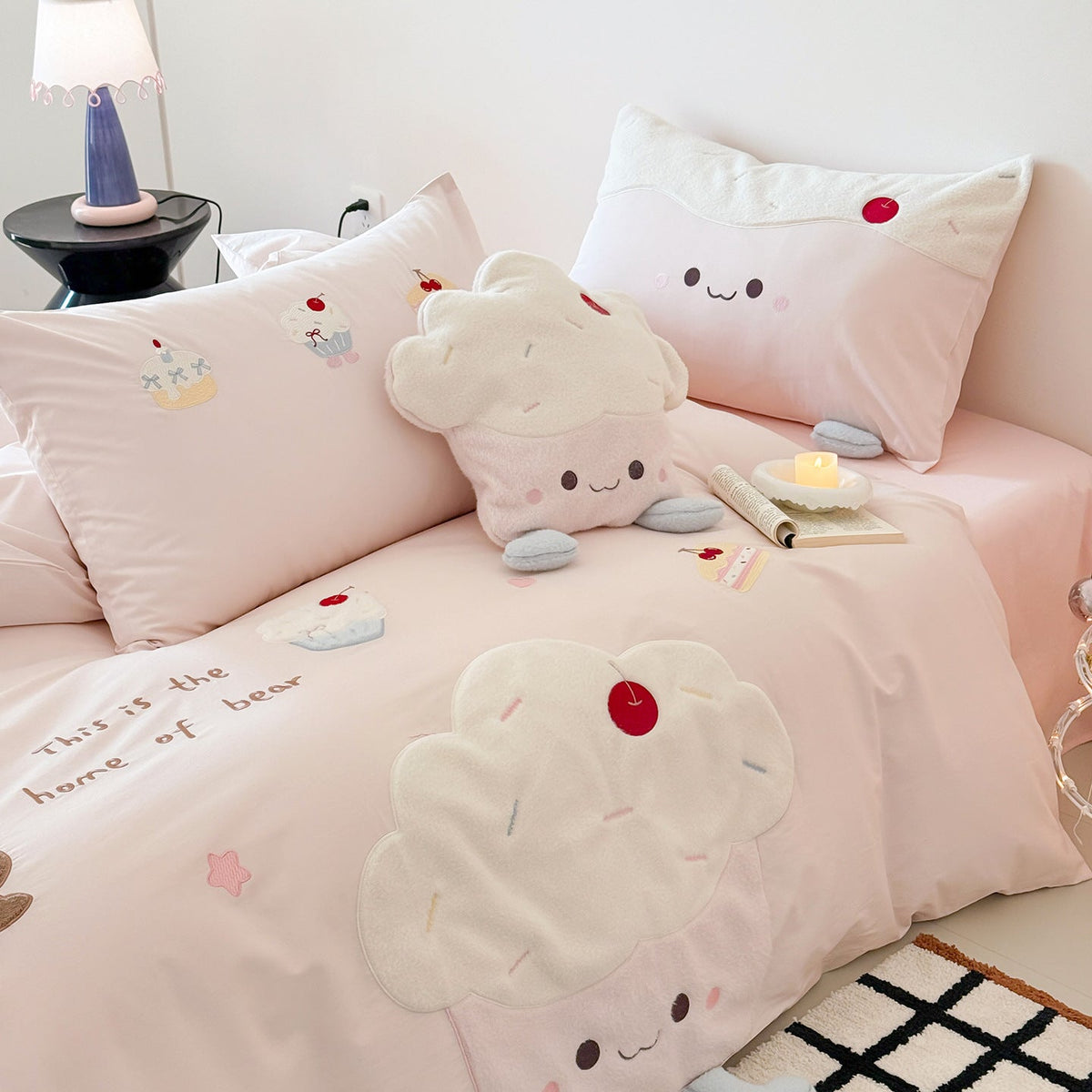Children's Bedding Set with Embroidered Cupcake and Cloud Appliqués