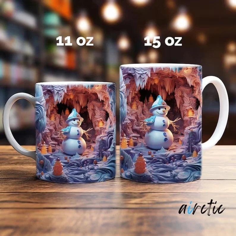 Christmas Ceramic Coffee Mug with 3D Snowman Illusion Print and C-Handle