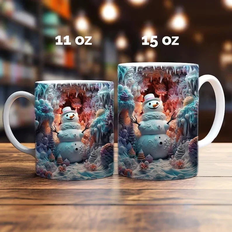 Christmas Ceramic Coffee Mug with 3D Snowman Illusion Print and C-Handle