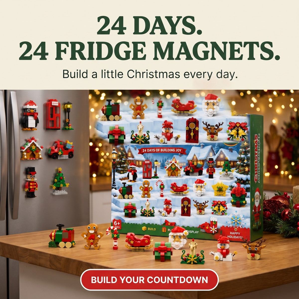 Fridge Magnet Advent Calendar, 24 Christmas Brick Builds for the Kitchen