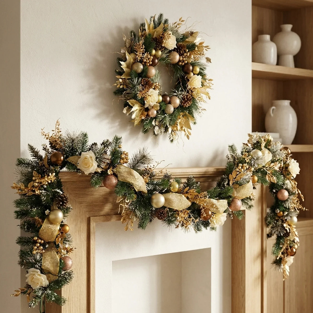 Christmas Garland for Mantel with Ornaments, Artificial Pine and Faux Roses