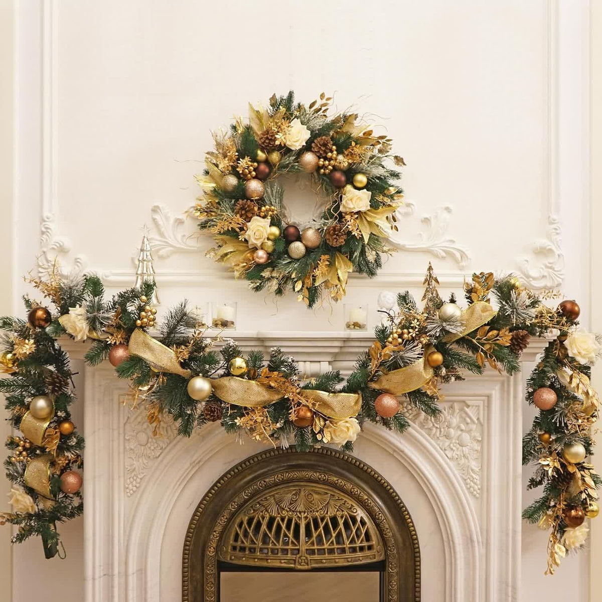 Christmas Garland for Mantel with Ornaments, Artificial Pine and Faux Roses