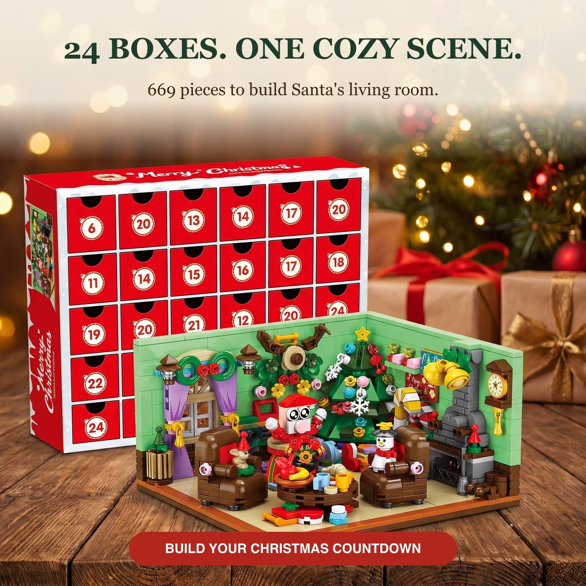 Christmas Room Building Block Advent Calendar, 24 Boxes, 669 Pieces