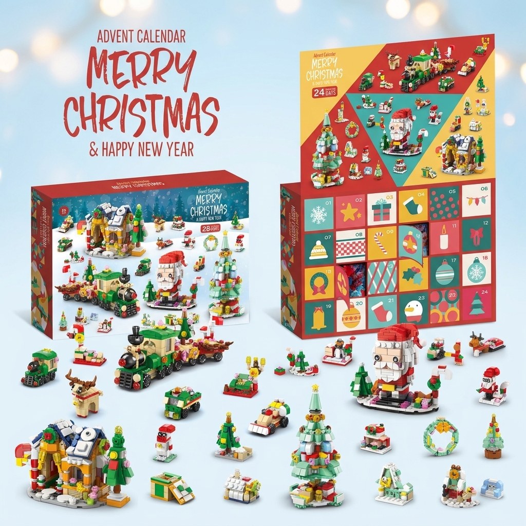 6-in-1 Christmas Building Block Advent Calendar, 28 Doors, Nutcracker, Sleigh or Tree