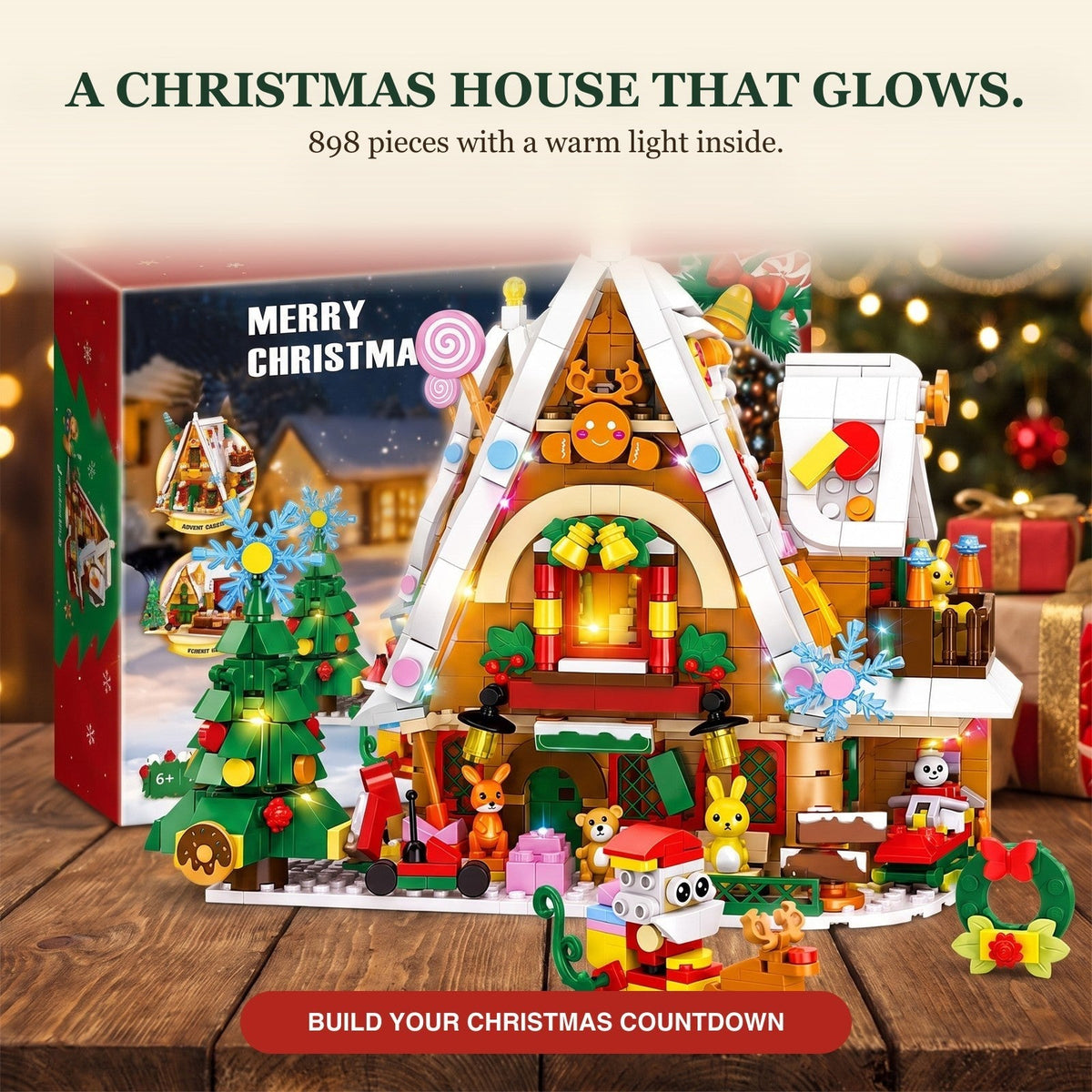Snow House Building Block Advent Calendar, 898 Pieces with Interior Light