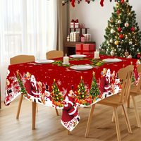 Christmas Tablecloth - Red Tablecloth with Santa Claus, Snowman and Christmas Wreath