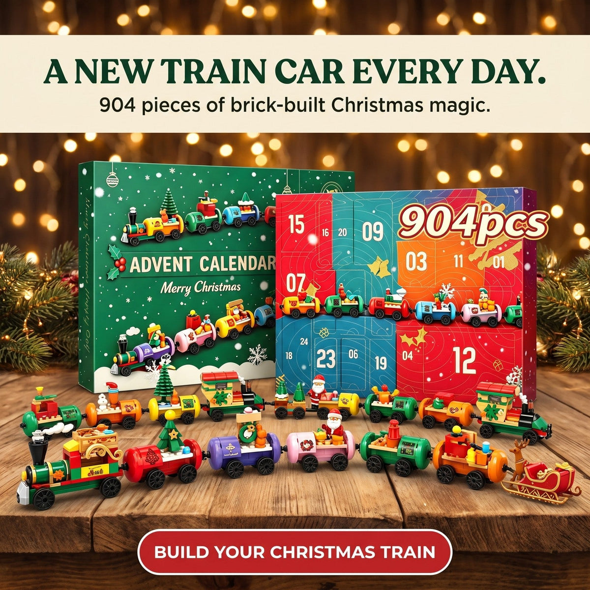 Brick Christmas Train Advent Calendar, 904 Pieces, Engines, Wagons and Reindeer Sleigh