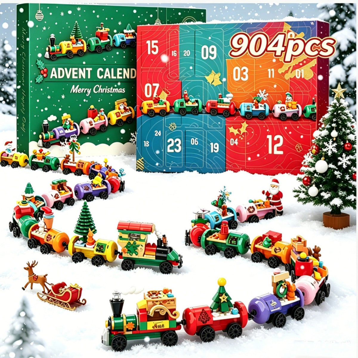 Brick Christmas Train Advent Calendar, 904 Pieces, Engines, Wagons and Reindeer Sleigh
