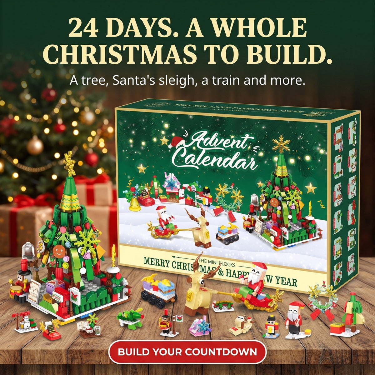 Santa's Sleigh and Christmas Tree Building Block Advent Calendar, Numbered Boxes