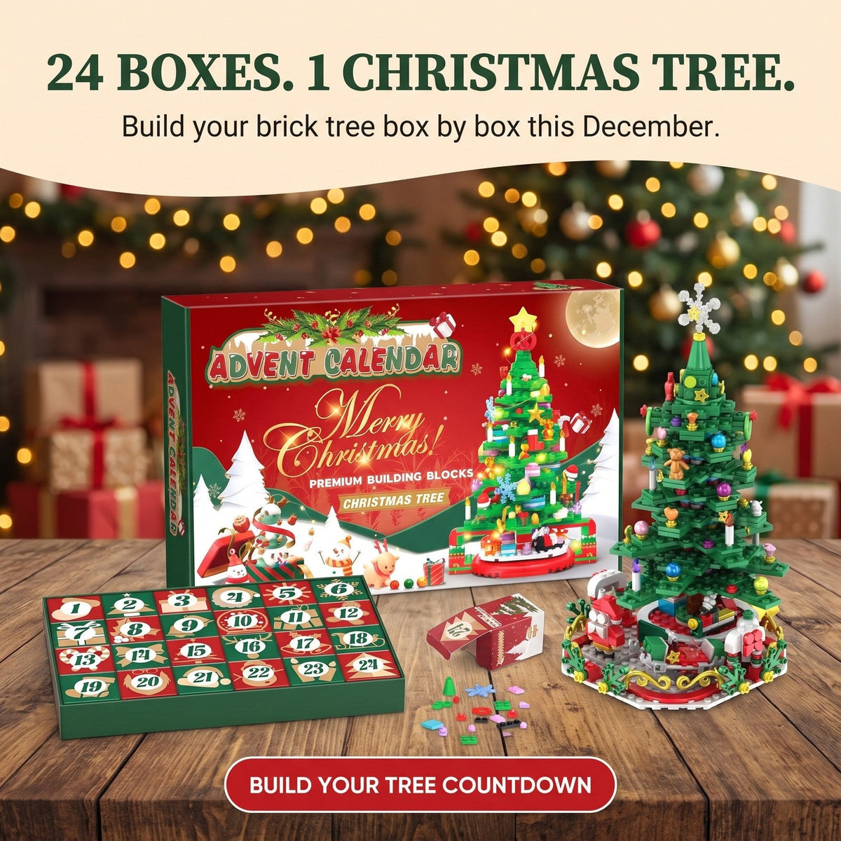 Building Block Christmas Tree Advent Calendar, 24 Numbered Boxes, with String Lights