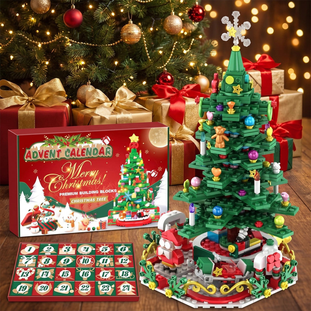 Building Block Christmas Tree Advent Calendar, 24 Numbered Boxes, with String Lights