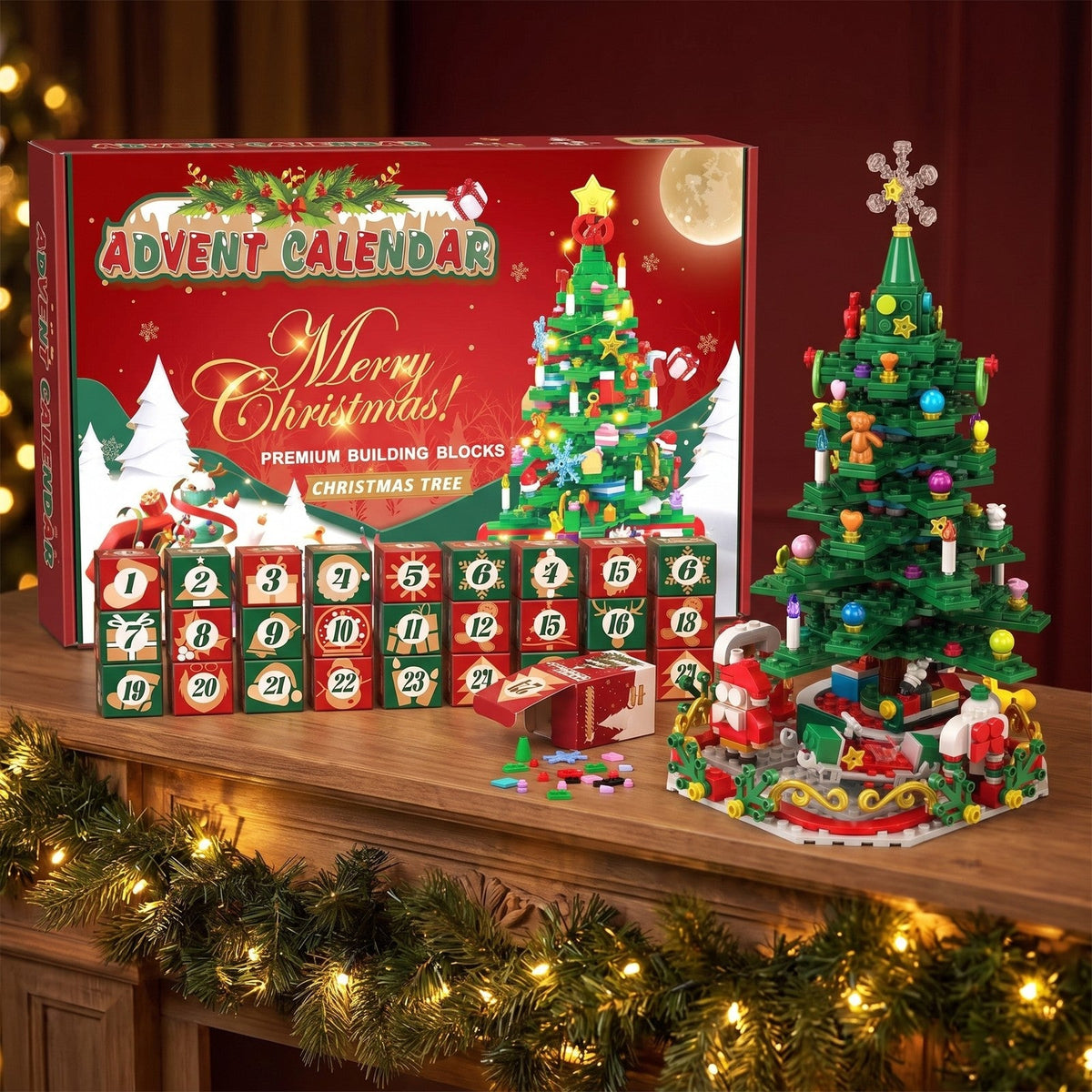Building Block Christmas Tree Advent Calendar, 24 Numbered Boxes, with String Lights
