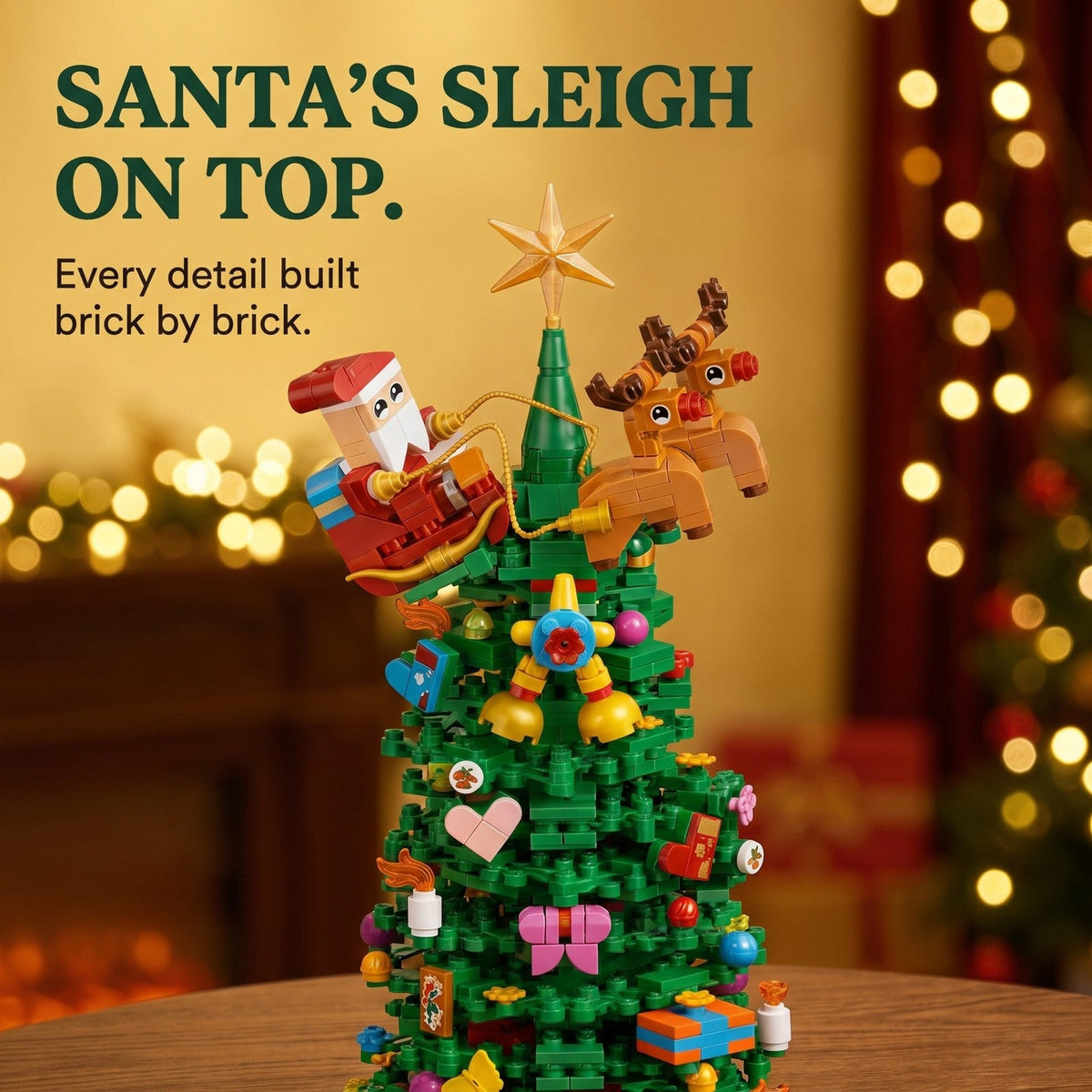 Christmas Tree Building Block Advent Calendar, 24 Boxes, 833 Pieces, Santa Sleigh Topper