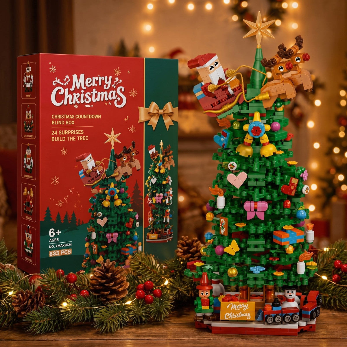 Christmas Tree Building Block Advent Calendar, 24 Boxes, 833 Pieces, Santa Sleigh Topper
