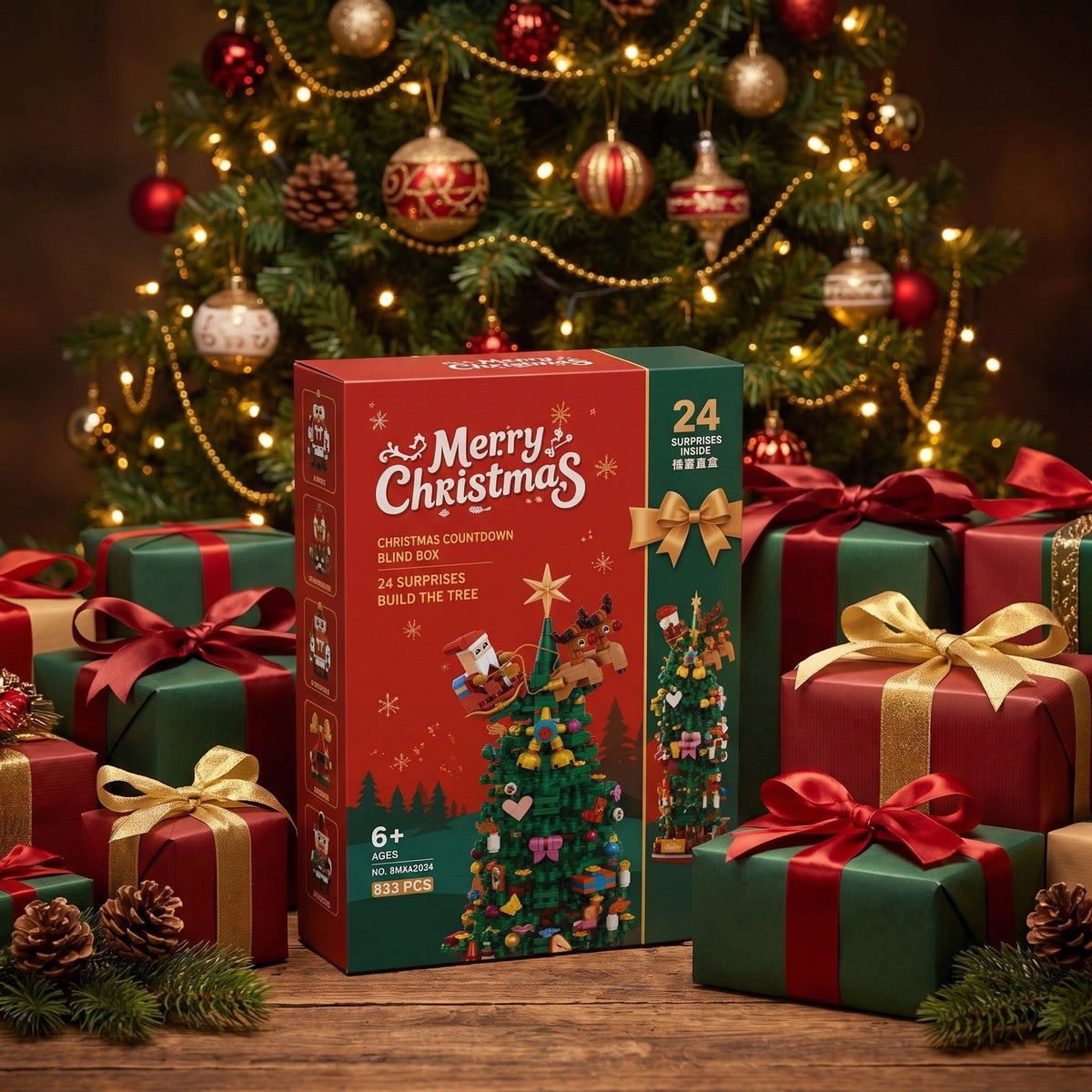Christmas Tree Building Block Advent Calendar, 24 Boxes, 833 Pieces, Santa Sleigh Topper