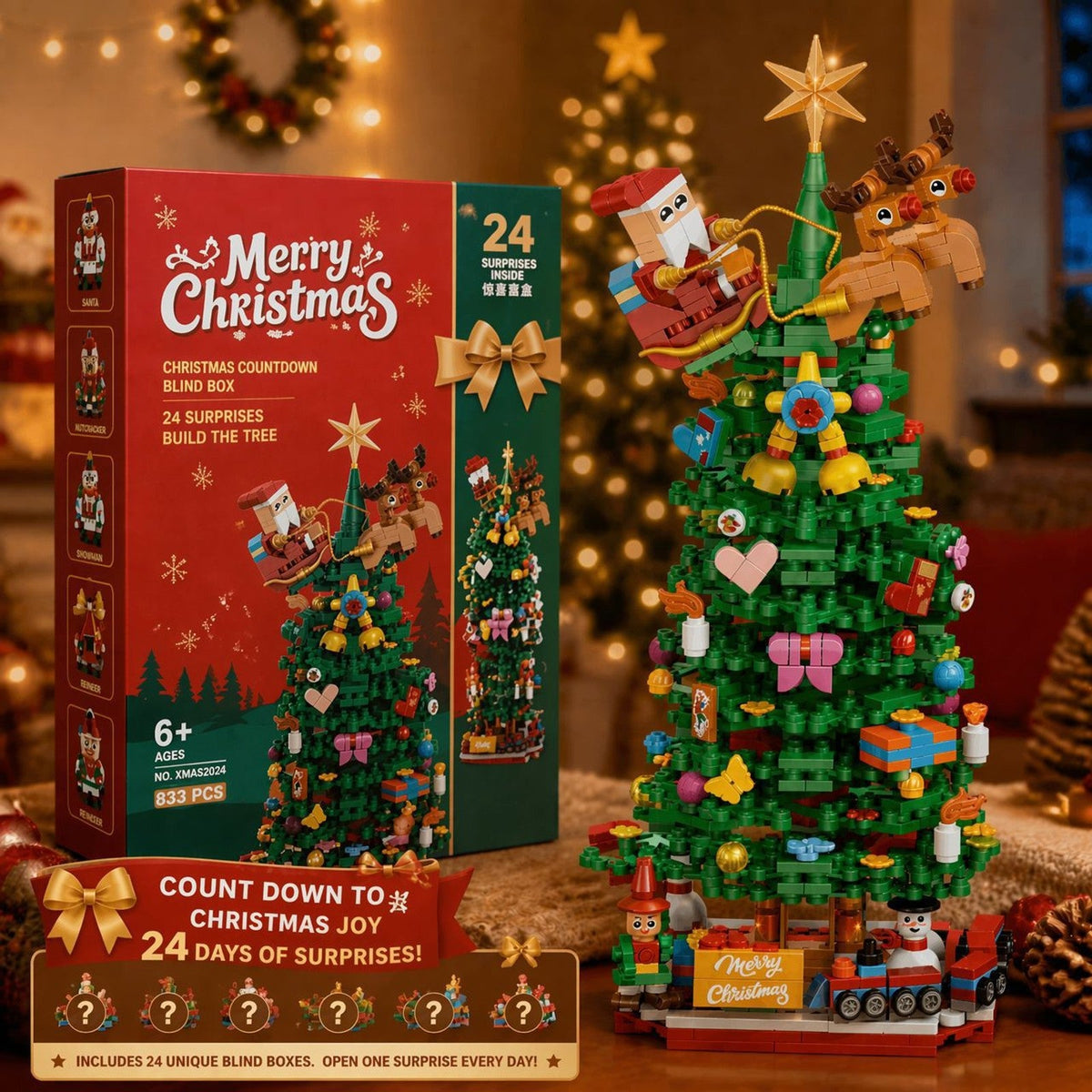 Christmas Tree Building Block Advent Calendar, 24 Boxes, 833 Pieces, Santa Sleigh Topper