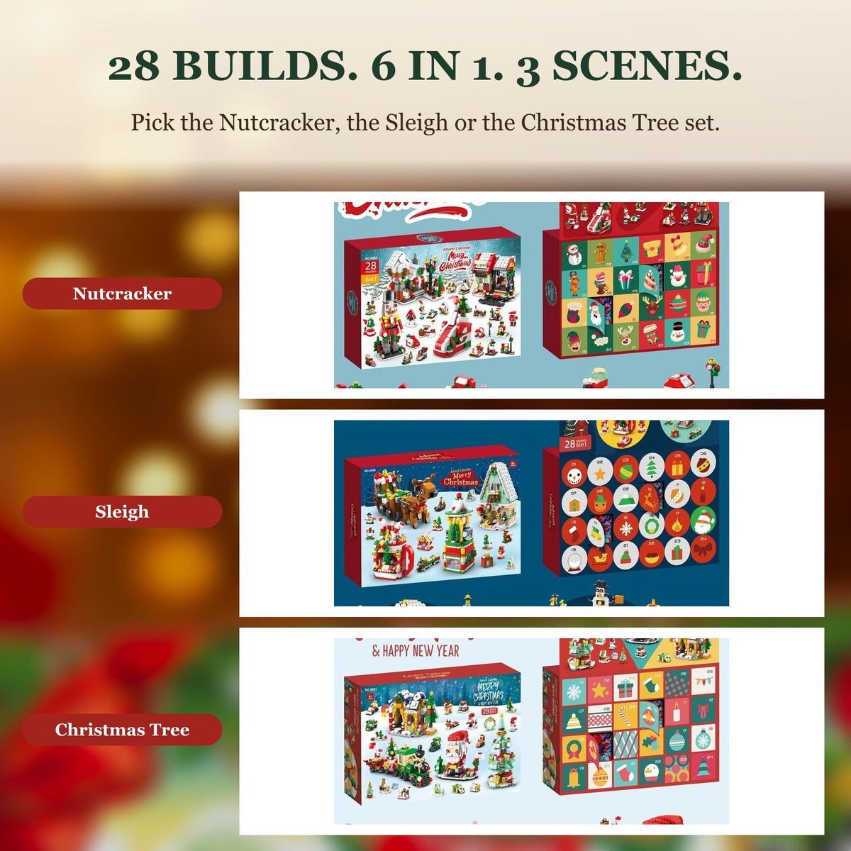 6-in-1 Christmas Building Block Advent Calendar, 28 Doors, Nutcracker, Sleigh or Tree